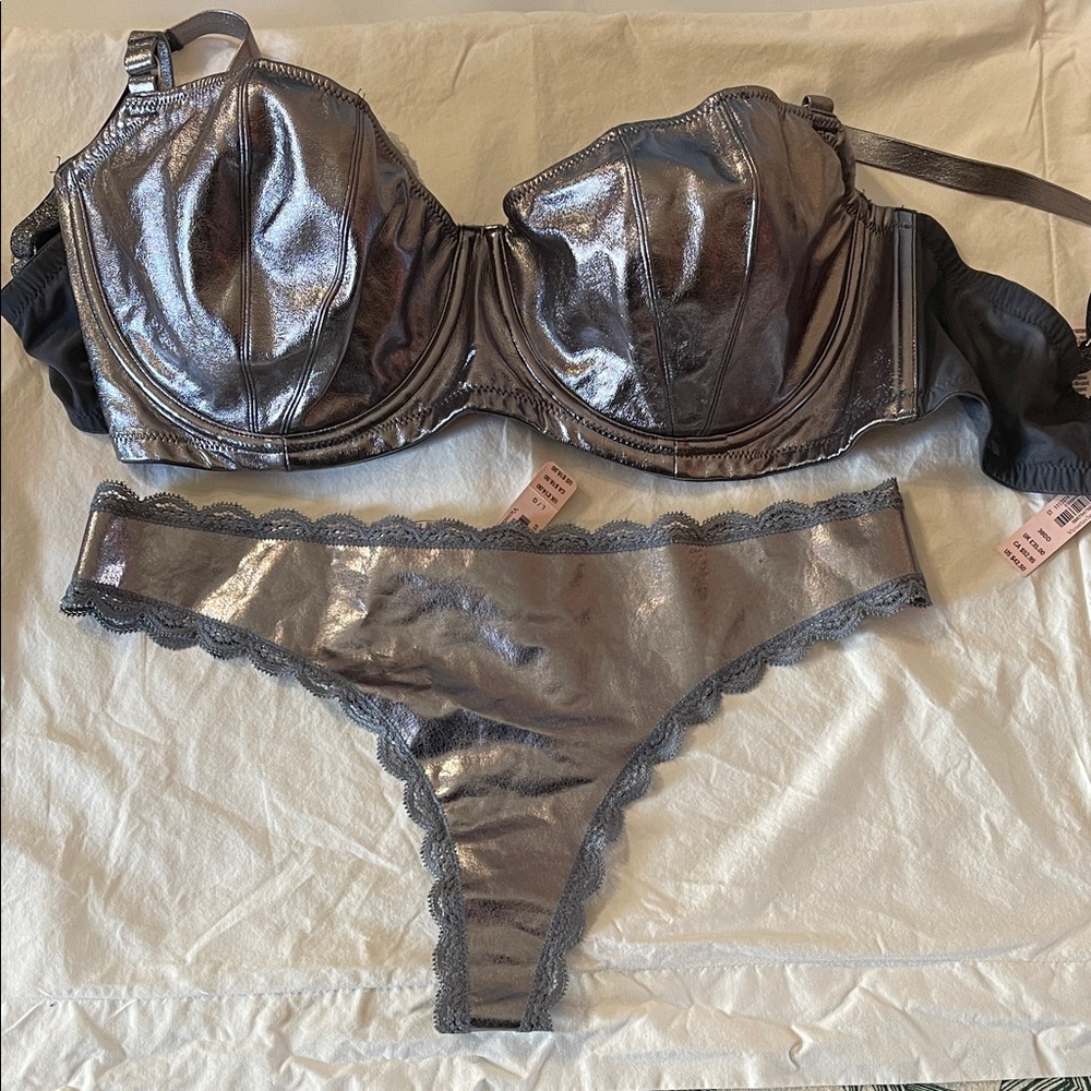 NWT Victoria's Secret Metallic Silver Underwire Bra & NWT Lace Trim Thong